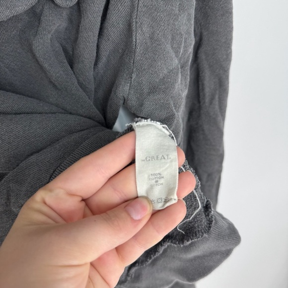 The Great. Washed Grey Ruffled Collar Long Sleeve Full Length Crewneck Top - Picture 5 of 5